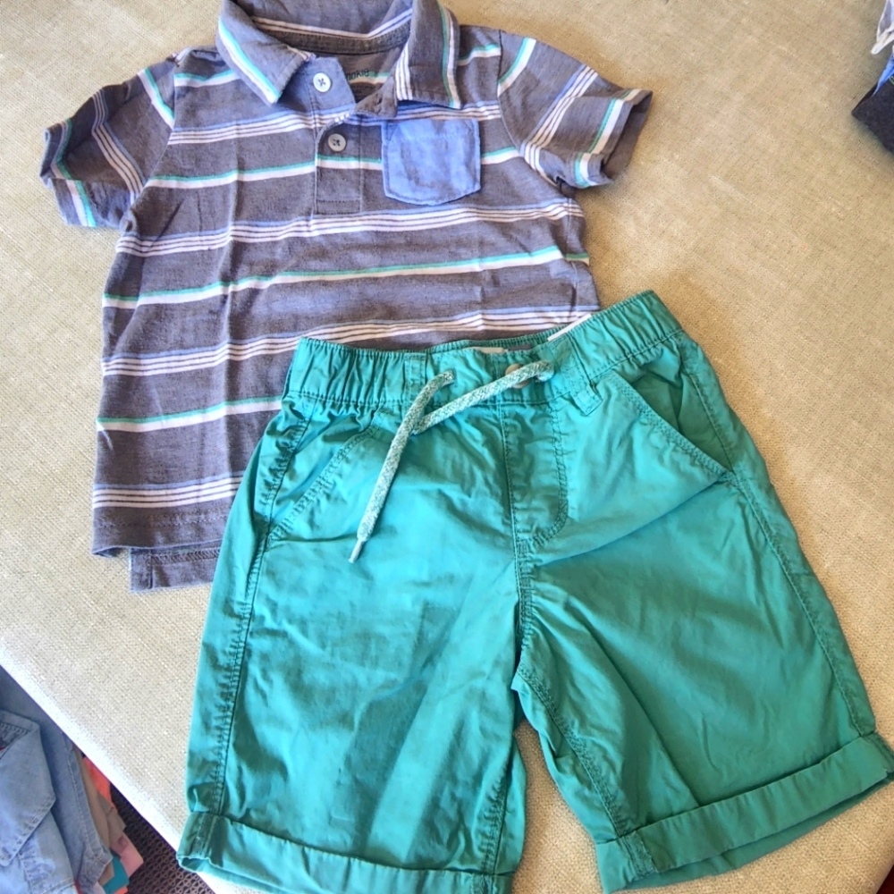 2T striped gray polo & green cotton shorts